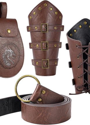 Berenlu 3 PCS Renaissance Accessories, Viking Belt, Medieval Vintage Belt Pouch & Leather Bracers for Halloween LARP Cosplay