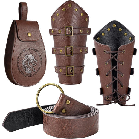 Berenlu 3 PCS Renaissance Accessories, Viking Belt, Medieval Vintage Belt Pouch & Leather Bracers for Halloween LARP Cosplay