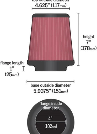 Airaid 700-458 Universal Clamp-On Air Filter: Round Tapered; 4 Inch (102 mm) Flange ID; 7 Inch (178 mm) Height; 7 Inch (178 mm) Base; 4.625 Inch (117 mm) Top