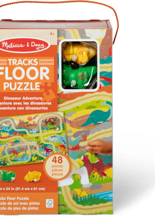 Melissa & Doug Dinosaur Adventure Tracks Cardboard Jigsaw Floor Puzzle and 2 Wind-Up Dinos – 48 Pieces, for Boys and Girls 3+