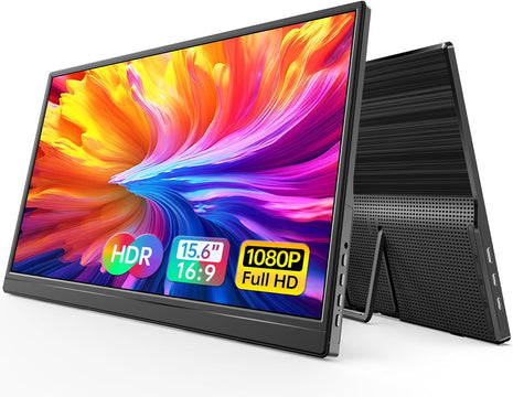 WGK 15.6 inch Portable Monitor 1080P FHD Travel Display HDMI/USB-C Compatible with Laptops, Desktops, Phones, PS, Mac, Xbox, Switch, and Other Gaming Devices Includes Stand and Speakers VESA