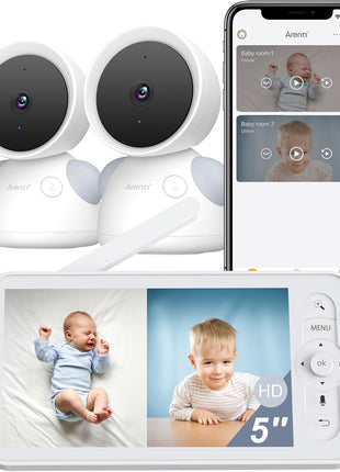 ARENTI Baby Monitor with 2 Cameras, 2K/3MP WiFi 6 Camera and Audio, 5-inch Wireless Screen, Smartphone App, Super Night Vision, Crying Detection, Auto Tracking, Temp&Humidity Sensor (D3 Set)