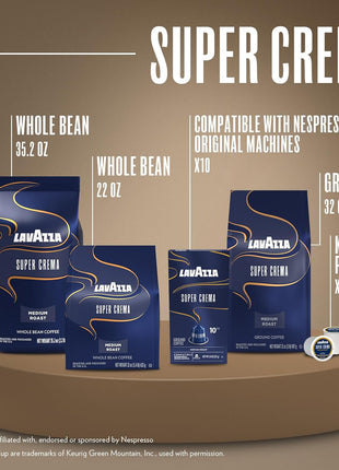 Lavazza Super Crema Whole Bean Coffee, Medium Espresso Roast, Arabica and Robusta Blend, 2.2 lb Bag, Package May Vary (Pack of 1)