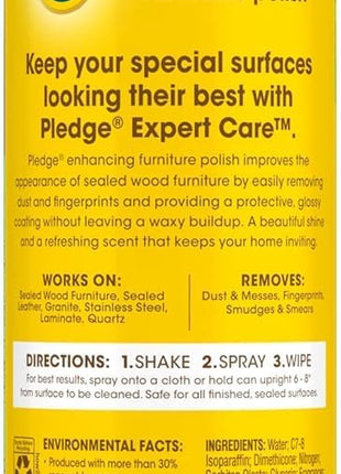Pledge Enhancing Polish Spray, Wood Furniture & Stainless Steel Polish, Remove Dust and Fingerprints, Fast Shine and Protect, Prevent Scratches & Knicks - Lemon Scent, 9.7oz