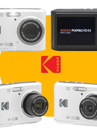 KODAK PIXPRO FZ45 16MP Digital Camera with 4X Optical Zoom 27mm Wide Angle and 2.7" LCD Screen Bundle with 32GB SD Memory Card, AA Batteries (4 Pack), Lens Cleaning Cloth (White)