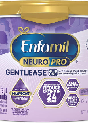 Enfamil NeuroPro Gentlease for easing Fussiness, Crying, Gas, Spit-up in 24 Hrs, Smaller Proteins for Easy Digestion, Brain Supporting DHA, Prebiotic Blend, HuMO6*, Baby Formula, Reusable Tub, 19.5 Oz