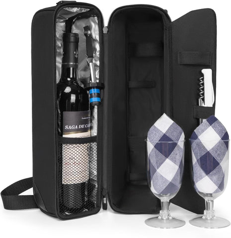 ALLCAMP Wine Bag   Insulated Cooler Bag with Wine Glasses, Bottle Opener & Wine Accessories for Wine Lovers   Portable Wine Gift Bag for Travel, Picnics, and Gift Ideas(Black)
