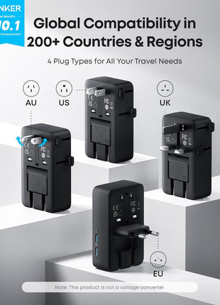 Anker Nano Travel Adapter, 5-Port Power Adapter with 1× 2-Pin AC, 2 USB A, 2 USB C for 20W, Smart Temperature Control, Works in 200+ Countries, Not a Voltage Converter, Travel Essentials (1-Pack)