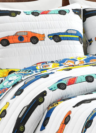 Lush Decor Race Car Kids' 3-Piece Quilt Bed Set, Reversible Bedding Set for Boys, White, Full/Queen