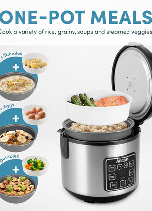 AROMA Digital Rice Cooker, 4-Cup (Uncooked) / 8-Cup (Cooked), Steamer, Grain Cooker, Multicooker, 2 Qt, Stainless Steel Exterior, ARC-914SBD