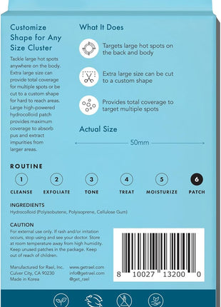 Rael Miracle XL Spot Control Cover Hydrocolloid Large Pimple Patches (8 Ct) | Large, Customizable Protective Patch for Face, Back, Chest, Body, Absorbs Fluid From Blemishes, Korean Skin Care, Pore Care