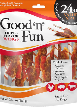 Good 'n' Fun Triple Flavor Wings Chews for All Dogs, 12 Ounces, Treat Your Dog to Long-Lasting Chews Made from Chicken, Pork Hide and Beef Hide