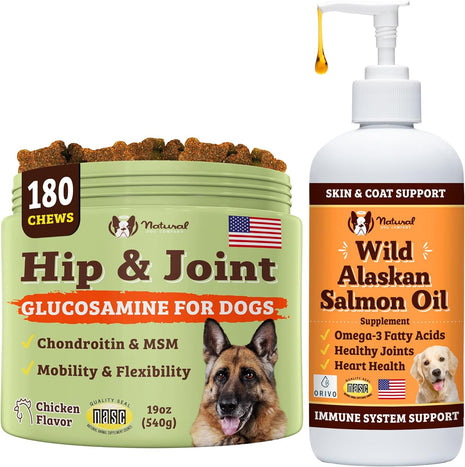 Natural Dog Company Hip & Joint Chews & Wild Alaskan Salmon Oil Bundle – 180 Ct Glucosamine Supplement + 32 oz Omega-3 Fish Oil for Dogs, Mobility, Joint, Skin & Coat Support