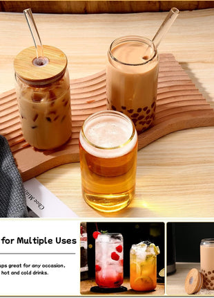 DWTS DANWEITESI Glass Cups with Lids and Straws 4 pcs,16oz Drinking Glasses Set for Coffee Bar Accessories,Iced Coffee Cups with Lids,Matcha Cup Glass Tumbler Reusable for Gifts