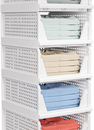 5 Pack Stackable Closet Storage Basket - Stackable Storage Bins, Multifunctional & Foldable Closet Organizer Waterproof, Wardrobe Cupboard Space-Saving Hat Storage Drawer Organizer, White
