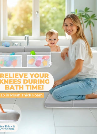 Comfortable Baby Bath Kneeler and Elbow Rest Pad Set - 1.5 Inch, Grey | Memory foam core, bathtub kneeling pad for bathing infants to toddlers, knee mat, toy organizer, machine washable