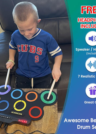 ROCKSOCKI Electric Drum Set, 7-Pad Kids Electronic Drum Set with Headphone Included, Roll-up Drum Practice Pad, Great Holiday Xmas Birthday Gift for Kids