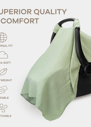 Comfy Cubs Baby Car Seat Cover - Soft, Breathable Bamboo Rayon and Muslin Cotton Blend - Lightweight Canopy for Sun, Bug, and Comfort Protection - Large Size Infant Seat Cover in Sage Design
