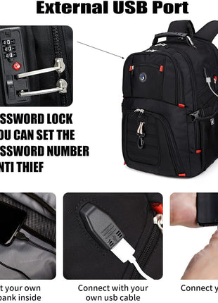 SHRRADOO Extra Large 50L Travel Laptop Backpack with USB Charging Port, College High School Backpack Airline Approved Business Work Bag Fits 17 Inch Computer for Men Women