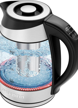 Chefman Electric Kettle with Temperature Control, 5 Presets LED Indicator Lights, Removable Tea Infuser, Glass Tea Kettle & Hot Water Boiler, 360° Swivel Base, BPA Free, Stainless Steel, 1.8 Liters