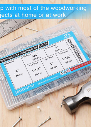 376pcs Premium Hardware Nails Assortment Kit, Maximum Length 2 Inches Galvanized, Picture Hanging, Wood, Wall With Storage Box | 6 Sizes