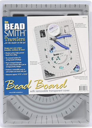 The Beadsmith Bead Board with Cover, Grey Flocked | 3 U-Shaped Channels, 6 Recessed Compartments,13.25 x 9.75 inches, Design Boards for Creating Bracelets, Necklaces and More