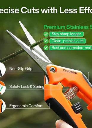 VIVOSUN 6.5 Inch Gardening Scissors Hand Pruner Pruning Shear with Straight Stainless Steel Blades Orange 1-Pack | Straight Precision Stainless Steel Blades, Comfort Ergonomic Grips, Ideal Snip for Deadheading, Trimming & Shaping Plants