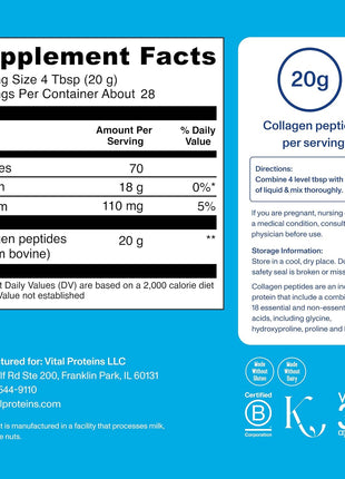 Vital Proteins Grass Fed Collagen Peptides Powder, Supports Hair, Skin, Nails, Bones, and Joints Health, Hydrolyzed Peptides - Zero Sugar, Unflavored, 20oz