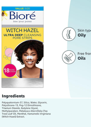 Bioré Witch Hazel Ultra Strength Blackhead Remover Pore Strips, Clears Pores up to 2x More than Original Pore Strips, features C-Bond Technology, Oil-Free, Non-Comedogenic Use, 18 Count (Pack of 12)