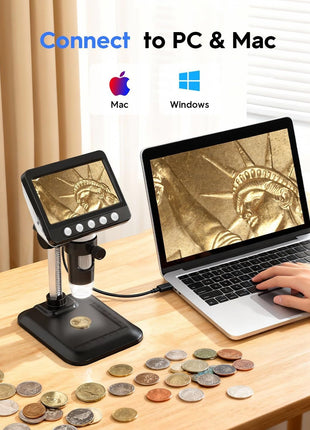 WKR Coin Microscope, 4.3 inch LCD USB Digital 1000X Coin Magnifier with 8 Adjustable LED Lights, 1080P PC View Compatible with Windows/MacBook for Adults Kids