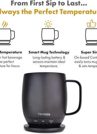Nextmug - Temperature-Controlled, Self-Heating Coffee Mug | (Black - 14 oz.) – No App, Long-Lasting Battery for Work & Study, Great Gift for Coffee Lovers