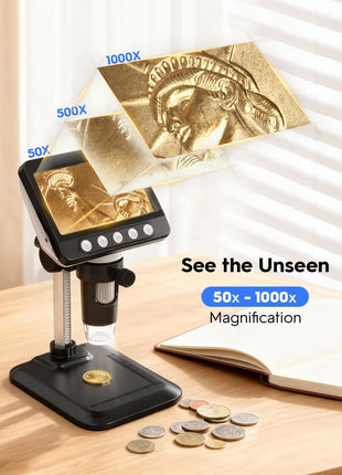 WKR Coin Microscope, 4.3 inch LCD USB Digital 1000X Coin Magnifier with 8 Adjustable LED Lights, 1080P PC View Compatible with Windows/MacBook for Adults Kids