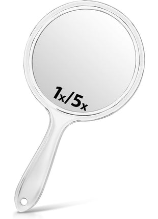 Macaki Hand Mirror, Double-Sided 1X/5X Magnifying Mirror with Handle, Acrylic, 8.3 inch L x 4.5 inch W, Clear, Pack of 1