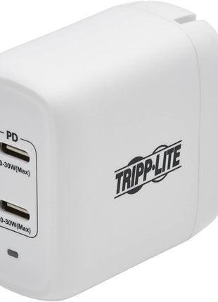 Tripp Lite USB-C Dual-Port Wall Charger, Compact Travel Size Folding Plug, USB 3.0, 40W Power Delivery Charging, Temperature Cooling Gallium Nitride Technology, 2-Year Warranty (U280-W02-40C2-G)
