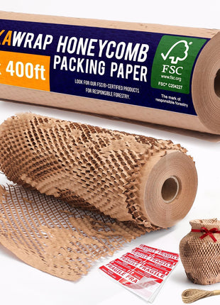 Honeycomb Packing Paper For Moving 12" x 150ft With Rope & Fragile Stickers | Eco Friendly Shipping & Moving Paper Wrap For Packing Dishes | Bubble Wrap & Packing Materials Certified FSC C204227
