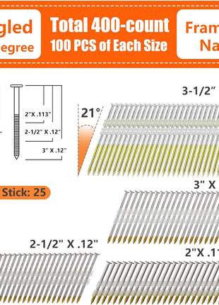 21 Degree Framing Nails 4 SIZES (2 inch+2-1/2 inch+3.0 inch) Ring Shank+3-1/2 inch Smooth Shank), Full Round Head Hot Dipped Galvanized, 100 per Size, 400 Count, Assorted Size, 20 to 22 Degree Framing Nailer