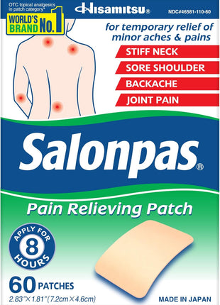 Salonpas Pain Relieving Patch for Back, Neck, Shoulder, Knee Pain and Muscle Soreness   8 Hour Pain Relief   60 Count