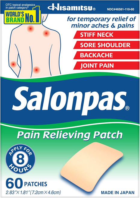 Salonpas Pain Relieving Patch for Back, Neck, Shoulder, Knee Pain and Muscle Soreness   8 Hour Pain Relief   60 Count