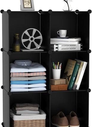 AWTATOS Cube Storage Organizer, Storage Cubes Shelves Bookshelf, 6 Cube Closet Organizers and Storage, DIY Stackable Plastic Clothes Organizer Shelving for Bedroom, Home, Black