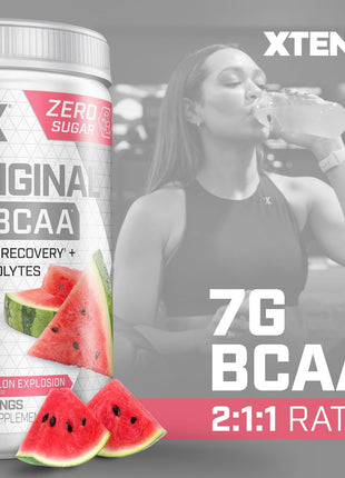 Xtend Original BCAA Powder, 7g BCAAs and 2.5g L-Glutamine for Muscle Recovery Hydration and Lean Muscle, Sugar Free Intra and Post Workout Drink with Electrolytes, Watermelon Explosion, 30 Servings