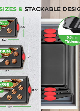 NutriChef 3 Piece Nonstick Kitchen Oven Baking Pans   Premium & Stylish Non Stick Steel, Commercial Grade Restaurant Quality Metal Bakeware with Red Silicone Handles   Easy to Clean, NCSBS3S
