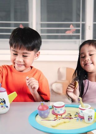 8th Wonder Bluey Toys Wooden Tea Party Set, 18-Piece Durable Toy Tea Set with Tray, Teapot, Teaspoons, and More, Pretend Play for Toddlers of Ages 3+