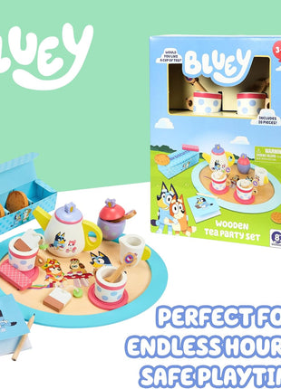 8th Wonder Bluey Toys Wooden Tea Party Set, 18-Piece Durable Toy Tea Set with Tray, Teapot, Teaspoons, and More, Pretend Play for Toddlers of Ages 3+