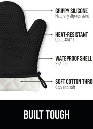 GORILLA GRIP BPA-Free Soft Silicone Oven Mitts, 550F Heat Resistant Waterproof Cooking Safety Gloves, Thick Cotton Lining, Flexible Gripping for BBQ Grilling, Kitchen Potholders Set, 12.5x8.3, Black