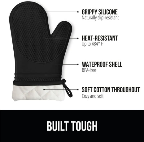 GORILLA GRIP BPA-Free Soft Silicone Oven Mitts, 550F Heat Resistant Waterproof Cooking Safety Gloves, Thick Cotton Lining, Flexible Gripping for BBQ Grilling, Kitchen Potholders Set, 12.5x8.3, Black