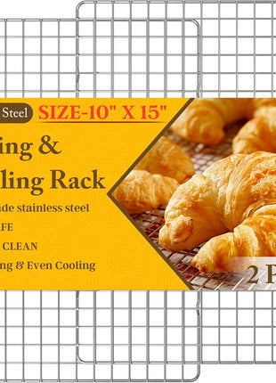 2PCS Cooling Racks for Cooking and Baking - 10" x 15"Heavy Duty Stainless Steel Wire Rack for Baking, Grilling, Roasting - Oven & Dishwasher Safe - Fits Jelly Roll Sheet Pan-Silver