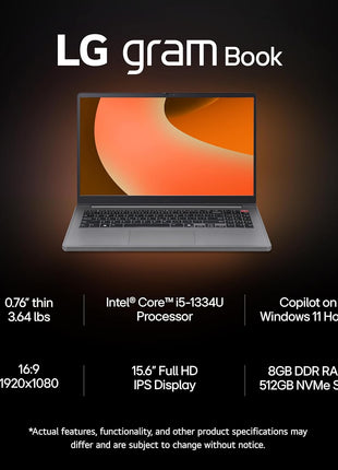 LG gram Book 15-inch Lightweight Laptop Computer, Intel Core i5-1334U Processor, Windows 11 Home, 8GB RAM, 512GB SSD - Titan Silver