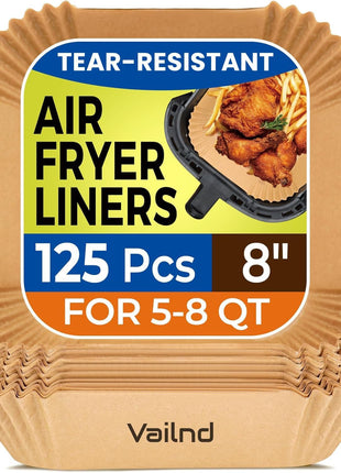 Air Fryer Paper Liners, 125Pcs Parchment Paper, Air Fryer Liners Disposable for Microwave, Non Stick Air Fryer Liner Square Free of Bleach (8IN)