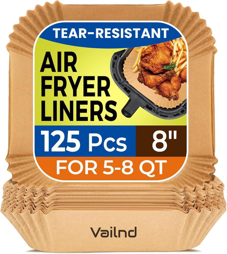 Air Fryer Paper Liners, 125Pcs Parchment Paper, Air Fryer Liners Disposable for Microwave, Non Stick Air Fryer Liner Square Free of Bleach (8IN)