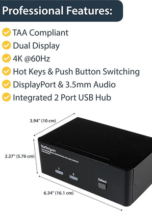 StarTech.com 2-Port DisplayPort KVM Switch - Dual-Monitor - 4K 60 - with Audio & USB Peripheral Support - DP 1.2 - USB Hub, TAA (SV231DPDDUA2)
